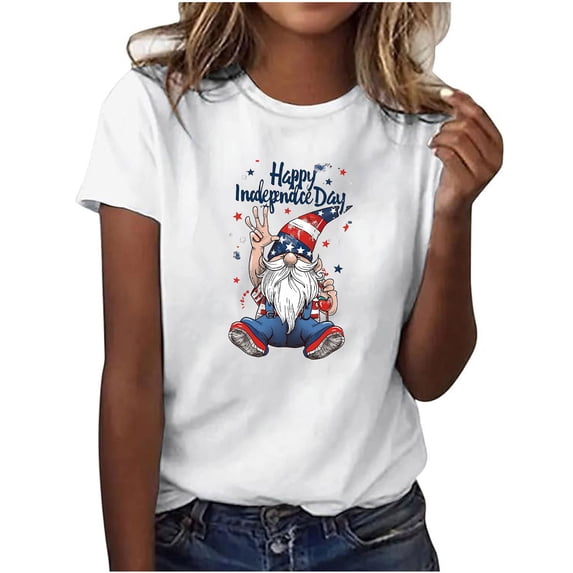 4Th of July Patriotic T-Shirt for Womens Round Neck Tee Short Sleeve Tops Flag Printed T Shirts Pullover Sweater Blouses Slim Fitted Tunics Tops USA Flag Star Independence Day Blouses