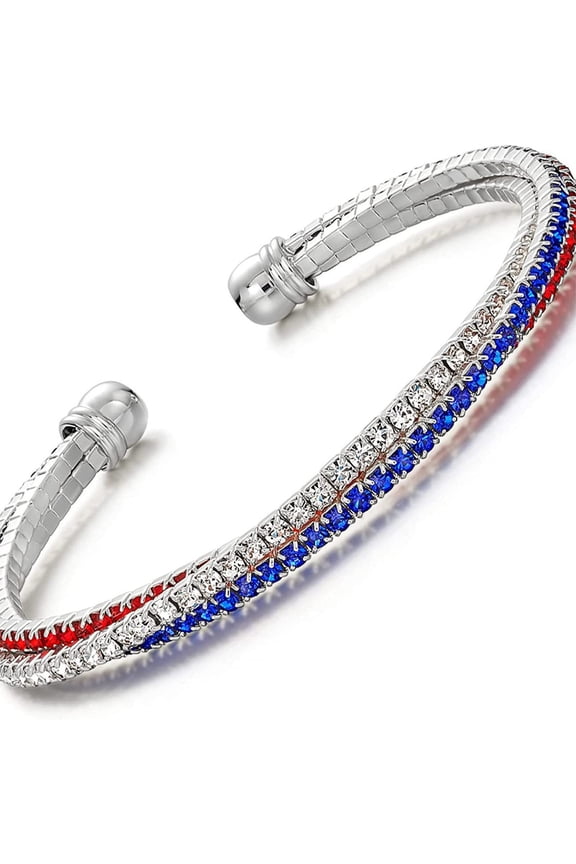 4Th of July Rhinestone Bracelet, Red White Blue Patriotic Cuff Bangle, Sparkly Independence Day Jewelry, Adjustable Fashion Wrist Accessories for Women Holiday Party Gift