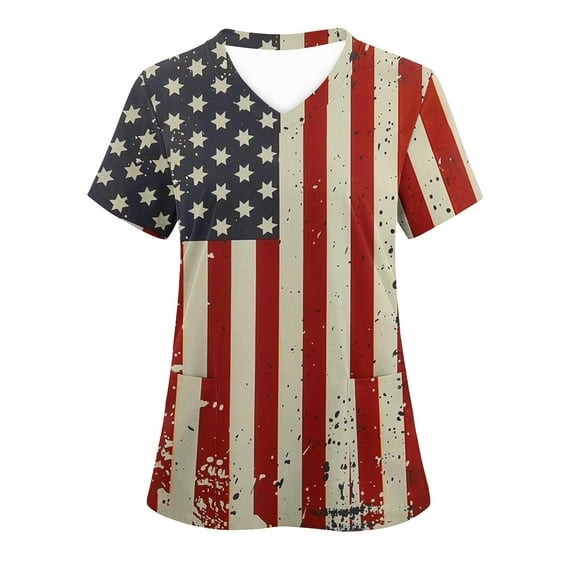 4Th of July Scrub Tops,Cadancy Plus Size Summer Nurse Uniforms for Curvy Women 3Xl,Vacation Clothes Over 60 Blouses Casual,Red Stripe Shirt V Neck,Patriotic Memorial Day,De Mujer Para My Orders XL