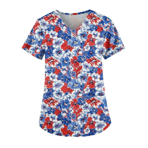 Scrubs For Women, Plus Size Floral Printed Working Uniform Tops V Neck Short Sleeve Tshirts Workwear Tee With Pockets Usa Sweatshirt Pants Red White Tops Tank (XL, Royal Blue) ZMTing