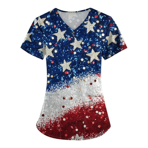 4Th Of July Scrub Tops Women, For Tops Plus Size V Neck Short Sleeve Workwear With Pockets Red White And Royal Blue American Flag Top Bouffant Caps Women Fourth Shirts Tops (XL, Wine) ZMTing