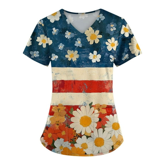 4Th Of July Scrub Tops Women, For Tops Plus Size V Neck Short Sleeve Workwear With Pockets Red White And Royal Blue American Flag Top Cargo Pants Women Scrubs Shirts Tank (3XL, Light Blue) ZMTing