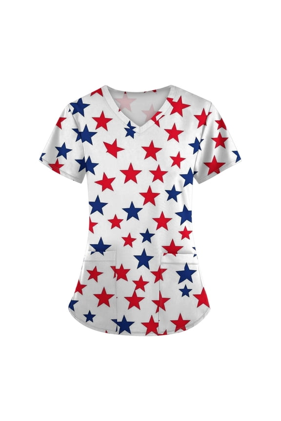 4Th Of July Scrub Tops Women, For Tops V Neck Short Sleeve Workwear With Pockets Red White And Royal Blue American Flag Top Scrubs Shirts Women Pride Outfits Shirts Outfit (3XL, White) ZMTing