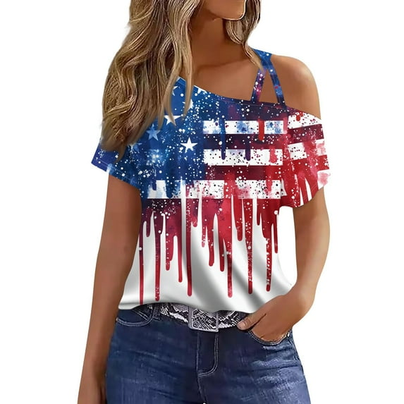 4Th Of July Shirt, Summer Casual Cold Shoulder Sexy Short Sleeve T-Shirt Red White And Royal Blue Top Striped Shirt Women Tops For Outfit Tank Tops American Tank (L, Royal Blue) ZMTing
