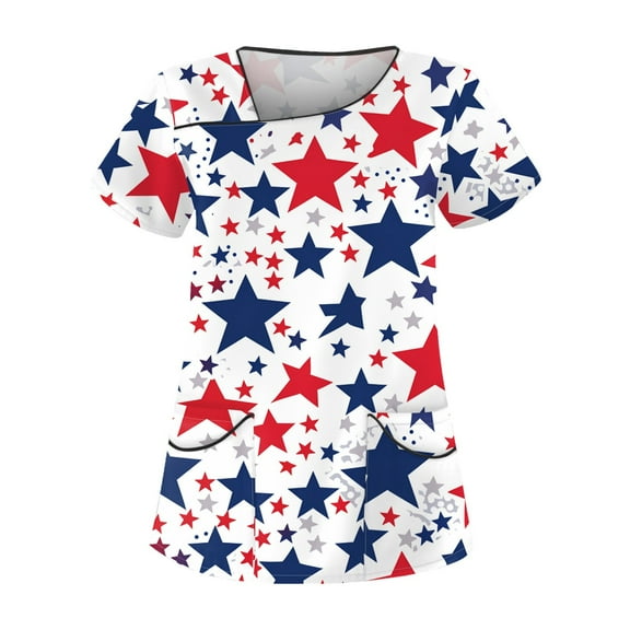 4Th Of July Shirts, Scrub Tops Women Plus Size Skew Collar Short Sleeve Workwear With Double Layer Pockets Red White And Royal Blue American Flag Top Scrubs Outfits Shirts (L, Sky Blue) ZMTing