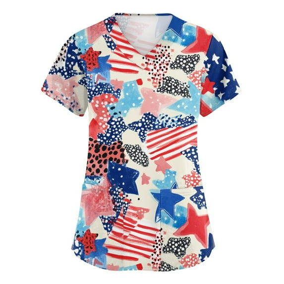4Th Of July Shirts, Scrub Tops Women Plus Size V Neck Short Sleeve Workwear With Pockets Red White And Royal Blue American Flag Top Maternity Pants Tops For Tops Outfit Shirt (XXL, White) ZMTing