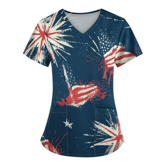4Th Of July Shirts, Scrubs For Women Tops Plus Size V Neck Short Sleeve Workwear With Pockets Red White And Royal Blue American Flag Top Mothers Day Scrubs Outfits Tank Tops (4XL, Blue) ZMTing