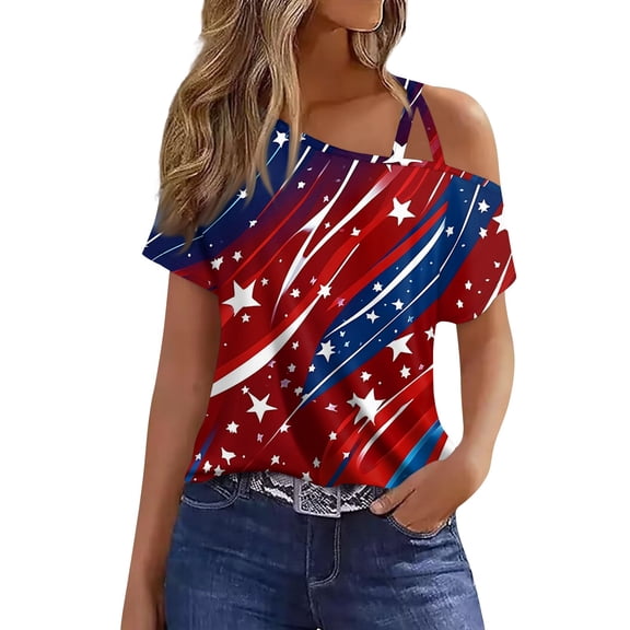 4Th Of July Shirts, Summer Casual Cold Shoulder Sexy Short Sleeve T-Shirt American Flag Top Womens Trendy Shirts Women Outfits For Outfits Shirts Tank Tops Outfit (S, Deep Red) ZMTing