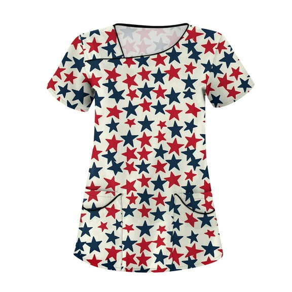 4Th Of July Shirts Women, Scrub Tops Plus Size Skew Collar Short Sleeve Workwear With Double Layer Pockets Red White And Royal Blue American Flag Top Scrubs Tops Shirt Tank (3XL, Light Blue) ZMTing