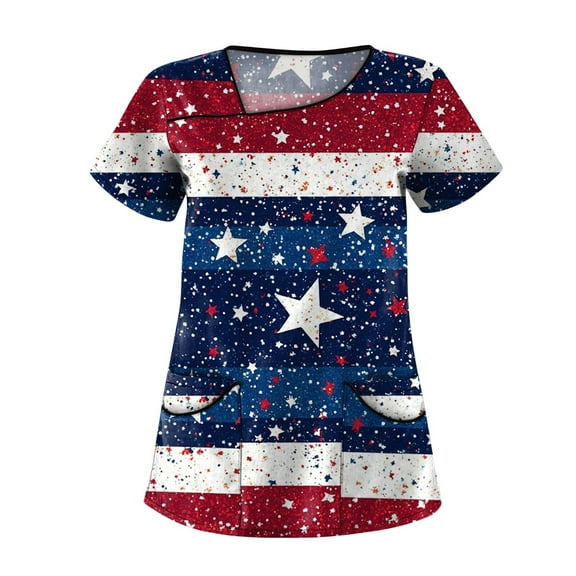 4Th Of July Shirts Women, Scrub Tops Plus Size Skew Collar Short Sleeve Workwear With Pockets Red White And Royal Blue American Flag Top Scrubs For Women Outfits Tank Top (4XL, Sky Blue) ZMTing