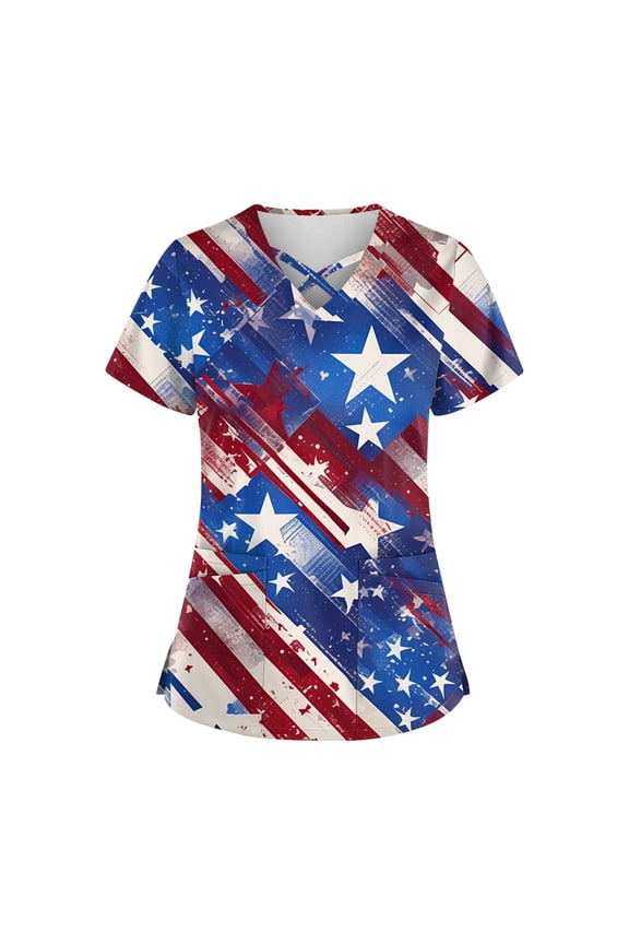 4Th Of July Shirts Women, Scrubs For Tops 5Th Cutout V Neck Short Sleeve Workwear With Pockets Red White And Royal Blue American Flag Top Men Scrubs Set Flare Pants Shirt (4XL, Wine) ZMTing