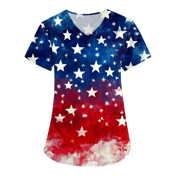 4Th Of July Shirts Women, Scrubs For Tops V Neck Short Sleeve Workwear With Pockets Red White And Royal Blue American Flag Top Scrubs Women Bouffant Caps Tank Top Shirt Tops (XL, Dark Blue) ZMTing
