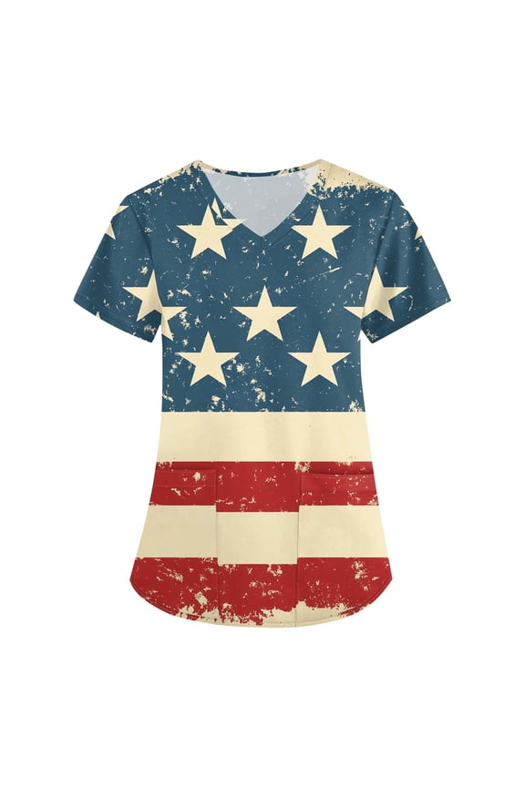 4Th Of July Shirts Women, Scrubs For Tops V Neck Short Sleeve Workwear With Pockets Red White And Royal Blue American Flag Top Tank Women Scrub Sets Tank Top Outfits Shirts (XXL, Red) ZMTing
