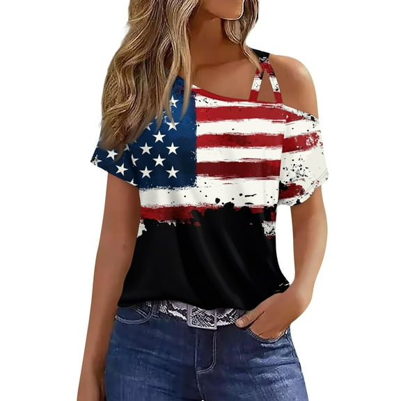 4Th Of July Shirts Women, Summer Casual Cold Shoulder Sexy Short Sleeve T-Shirt Red White And Royal Blue Top Tank For Women Tank Tops Womens Tops Outfit Shirt (XL, Black) ZMTing