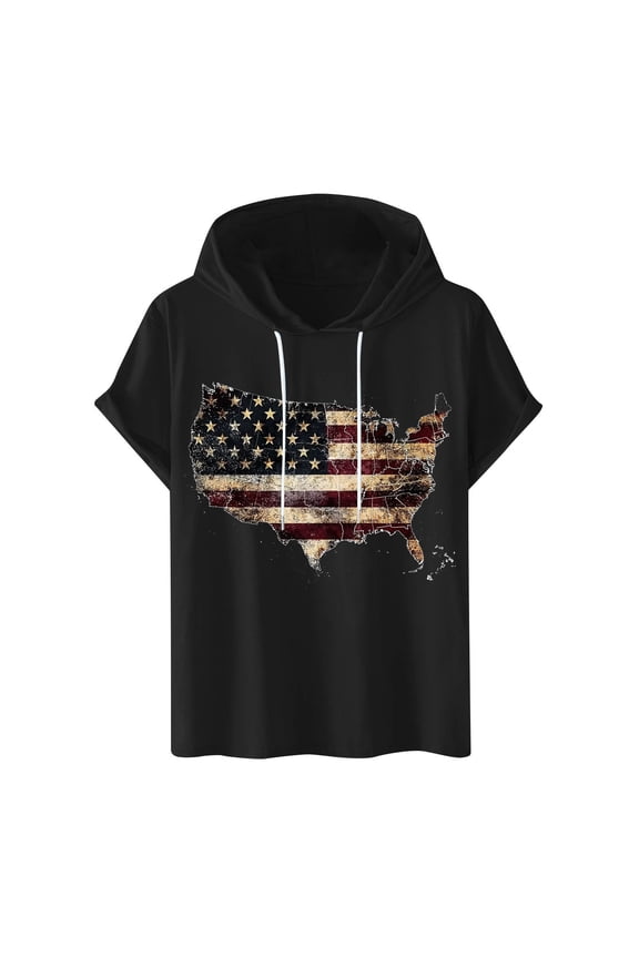 4Th July Short Sleeve Hoodies for Men Vintage USA Flag Pullover Drawstring Patriotic Print Lightweight Summer Hooded Shirt 2025