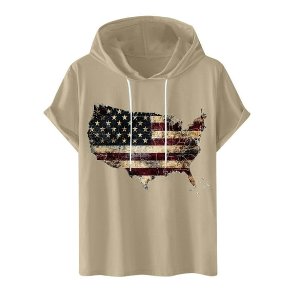 4Th July Short Sleeve Hoodies for Men Vintage USA Flag Pullover Drawstring Patriotic Print Lightweight Summer Hooded Shirt 2025