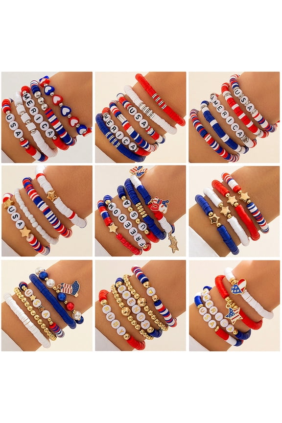 4Th of July Soft Modeling Material Bead Bracelets 4 Count, Bracelets Beads, Red White and Blue Beads, Letter Beads for Bracelets, 7 Inch Multilayer Mixed Color Stackable Stretch