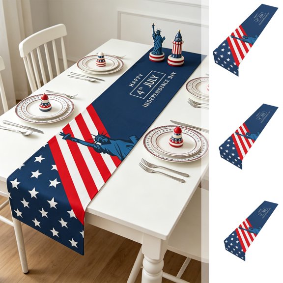 4Th Of July Star Patterned Polyester Table Runner, Durable Fabric Design, Elegant Decorative Cloth for Dining Table, Home Kitchen Counter and Independence Day Holiday Indoor Party Festive, S-A