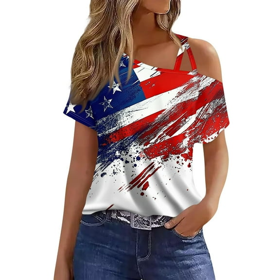 4Th Of July, Summer Casual Cold Shoulder July Sexy Short Sleeve T-Shirt American Flag Top Tank For Women Shirts Womens Tops Outfit Fourth Tank Tops Red White Shirts (XXL, Red) ZMTing