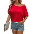 thumbnail image 1 of 4Th Of July, Summer Casual Short Sleeve Off Shoulder Loose Fit Top Womens Red Shirt July Women White And Royal Blue Tops For Shirt Tank Tops Shirts Tops Shirts (XXL, Red) ZMTing, 1 of 4