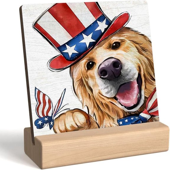 4Th Of July Table Decorations,Patriotic Outdoor Decor,Independence Day Golden Retriever,Stars Centerpiece Wood Signs Lady Liberty Signs Standing Blocks Red White Blue 4X4 Inch