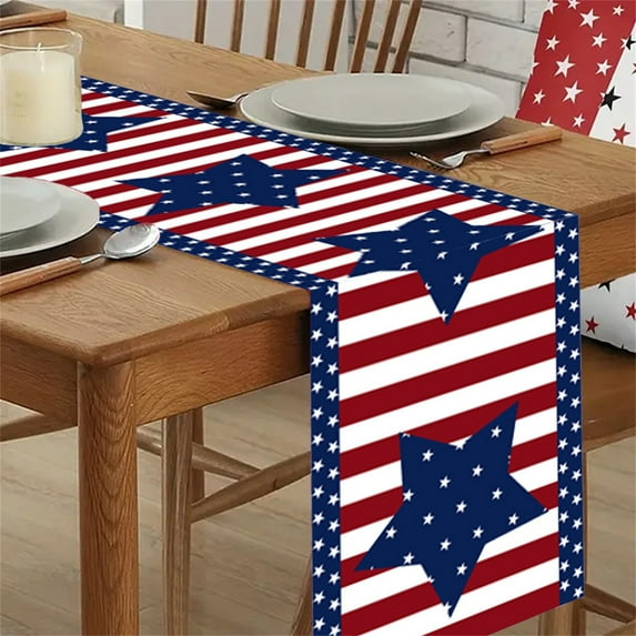 4Th of July Table Runner, Polyester Red White Blue Star Stripe Print with Waterproof design, Dining Table Cover Waterproof for Table decorations for Dining Room, indoor Outdoor