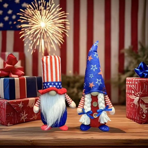 4Th of July Themed Gnome Dolls with Classic Patriotic Hats, Red and White Decorative Figurines, Lovely Tabletop and Shelf Ornaments to Create Strong Festive Vibes for Home Holiday Scene Layout, B