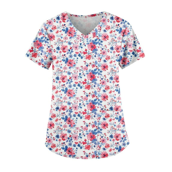 Scrubs For Women, Plus Size Floral Printed Scrub Working Uniform Tops V Neck Short Sleeve Tshirts Workwear Tee With Pockets Bottoms Women Scrubs Shirt Tank Tops (XL, Wine) ZMTing