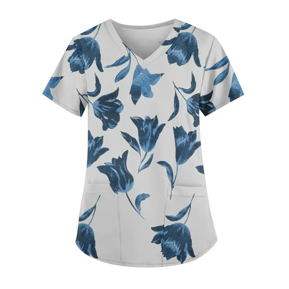 Womens Scrubs, Plus Size Printed Scrub Working Uniform Tops V Neck Short Sleeve Tshirts Workwear Tee With Pockets Blue Scrubs Flare Pants Women Shirts Tops Outfits (L, Silver) ZMTing
