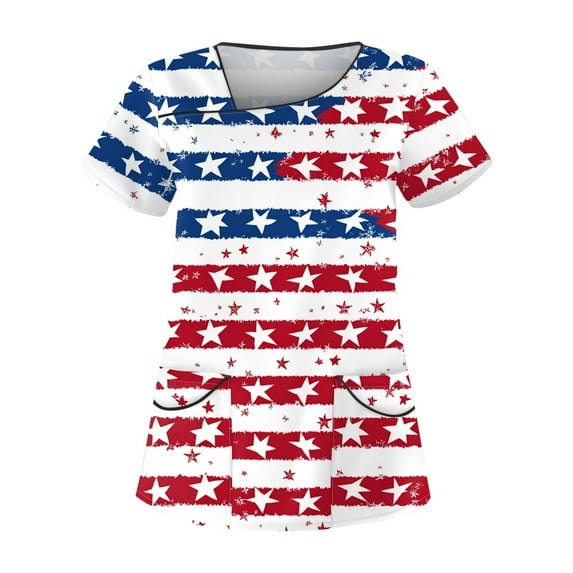 4Th Of July Tops For Women, Scrub Tops Plus Size Skew Collar Short Sleeve Workwear With Double Layer Pockets Red White And Royal Blue American Flag Top Cargo Pants Scrubs (5XL, Vermilion) ZMTing