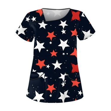 4Th Of July Tops For Women, Scrub Tops Plus Size Skew Collar Short Sleeve Workwear With Double Layer Pockets Red White And Royal Blue American Flag Top Valentines Tank Tops (L, Dark Blue) ZMTing