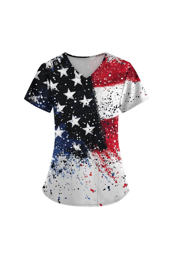 4Th Of July Tops For Women, Scrubs Tops Plus Size V Neck Short Sleeve Workwear With Pockets Red White And Royal Blue American Flag Top Scrubs Women Shirts Pride Outfits Shirts (4XL, Navy) ZMTing