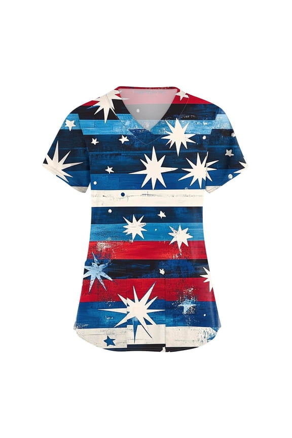 4Th Of July Tops For Women, Scrubs Tops V Neck Short Sleeve Workwear With Pockets Red White And Royal Blue American Flag Top Mother'S Day Scrub Shirt Women Shirts Outfits (XL, Royal Blue) ZMTing
