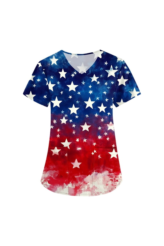 4Th Of July Tops For Women, Scrubs Tops V Neck Short Sleeve Workwear With Pockets Red White And Royal Blue American Flag Top Shirts Scrub Pants Fourth Outfit Shirt Outfits (L, Dark Blue) ZMTing