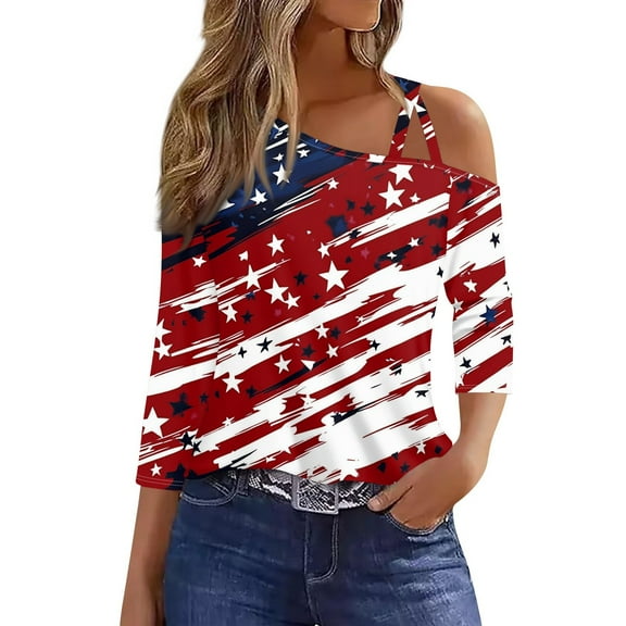 4Th Of July Tops For Women, Summer Casual Cold Shoulder Sexy Short Sleeve T-Shirt Top Fourth Shirts Women Tank Tops Womens Outfit Shirts American Flag Tank Top Outfits (XXL, Wine) ZMTing