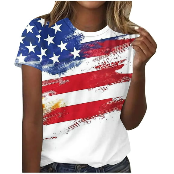4Th of July Tops for Womens Fashion Tie-Dye American Flag Print Short Sleeve Tshirts Independence Day Stars Striped Graphic Tee Shirts Dressy Casual Memorial Day Crewneck Tunic Top Cute Blouses