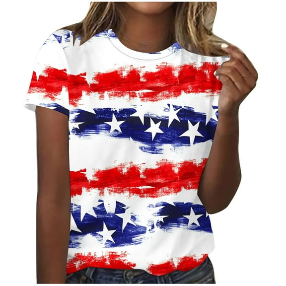 4Th of July Tops for Womens Fashion Tie-Dye American Flag Print Short Sleeve Tshirts Independence Day Stars Striped Graphic Tee Shirts Dressy Casual Memorial Day Crewneck Tunic Top Cute Blouses