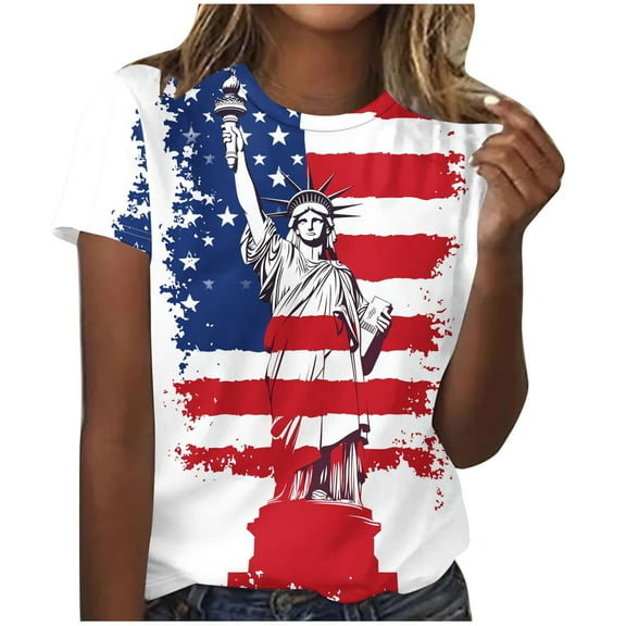 4Th of July Tops for Womens Fashion Tie-Dye American Flag Print Short Sleeve Tshirts Independence Day Stars Striped Graphic Tee Shirts Dressy Casual Memorial Day Crewneck Tunic Top Cute Blouses