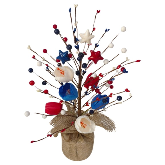 4Th of July Tree Table Centerpiece Decoration 19.6 Inch Artificial Tree with Burlap Base And Berries Branches Patriotic Bonsai Tree for Independence Day Home Decor, A Desktop Ornament