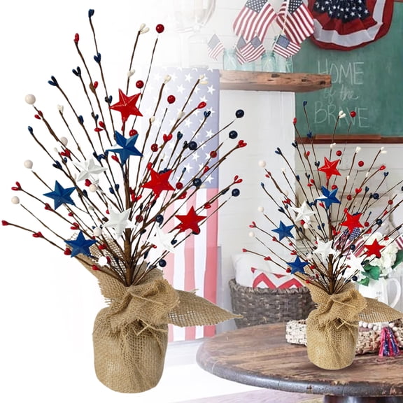 4Th Of July Tree Table Centerpiece Decoration, Artificial Tree with Burlap Base Red, White And Blue Star Berries Tulip Branches Patriotic Bonsai Tree for Independence Day Home Decor