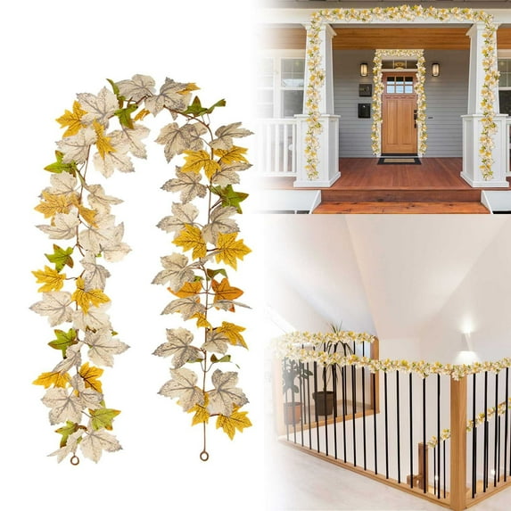 4Th Of July Wreaths For Front Door 1 Pack Fall Garland Maple 5.7Ft/Piece Hanging Vine Garland Artificial Autumn Garland Thanksgiving Decor For Home Wedding Fireplace Party Christmas,White Home Brand