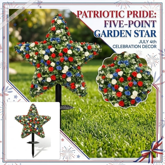 4Th of July Yard Decor, Summer Outdoor Decor, Lawn Decorations Outdoor, Red White and Blue, 21 in Five-Point Star, Artificial Rose, Faux Topiary, Garden Stake, Outdoor Garden