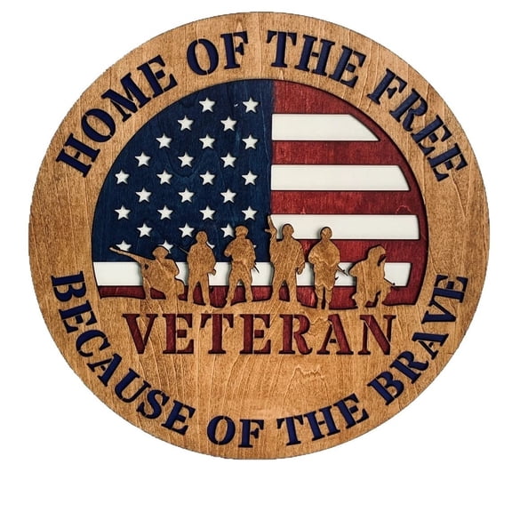 4Th of July decor, Patriotic decor, 12 in Circular, Wooden Wall decor, Memorial Plaque, Veteran Tribute, Home Wall decor for Living Room, Brown Red Blue, 1 Pc
