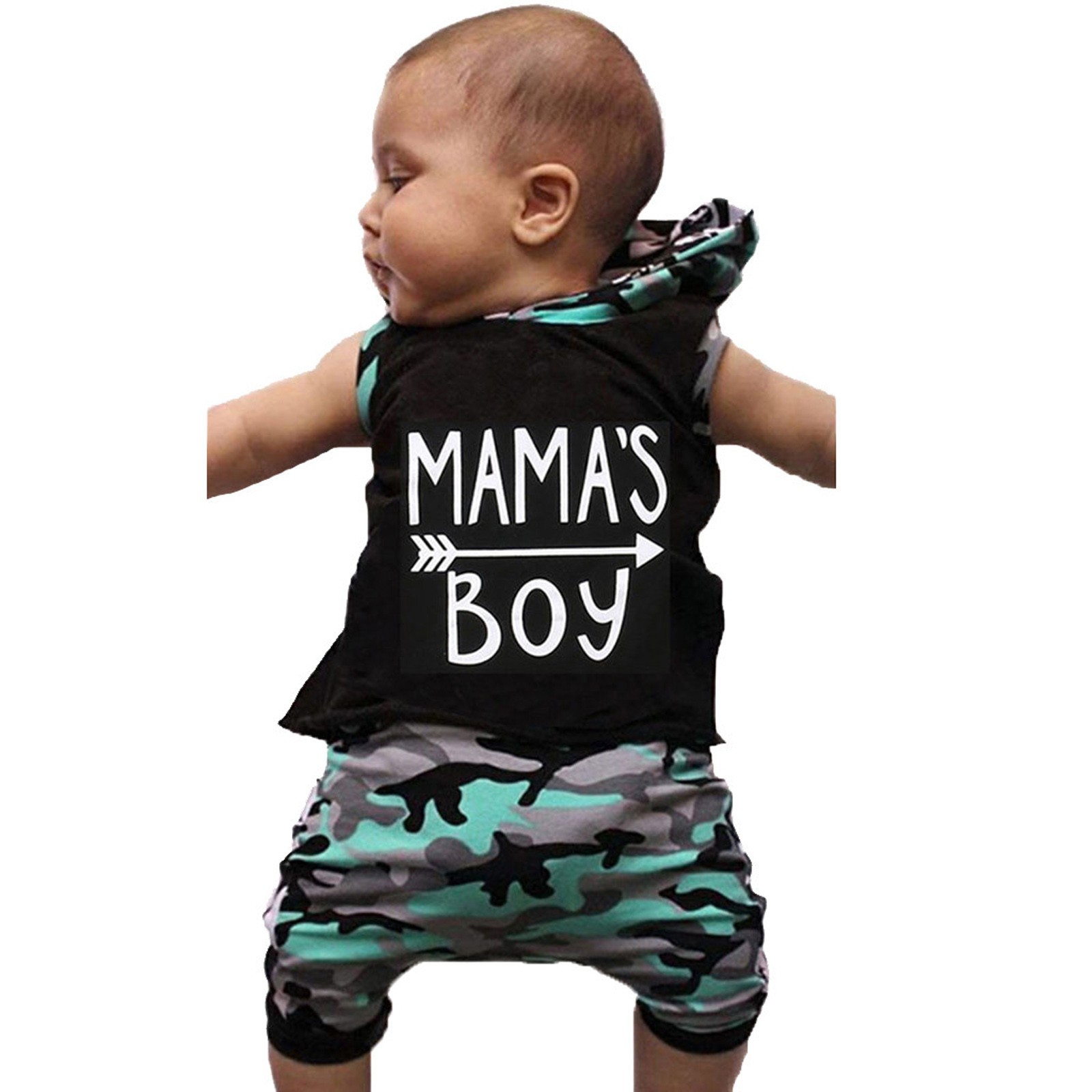 Cute Baby Boy Outfits Letter Print Vest Hooded Tops Camouflage Shorts