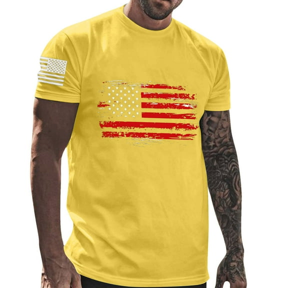 4Th Of July Cotton Shirt For Men Casual Round Neck American Patriotic Flag Printed Pullover Fitness Sports Shorts Sleeves Blouse Tops Yellow XL