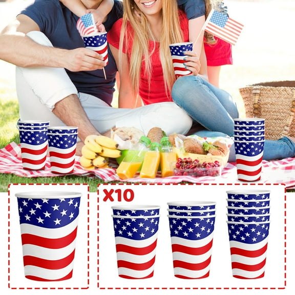4Th Of July Decor 10 Pack Disposable Paper Cups 10 Oz Stars & Stripes Design For Independence Day Party Supplies