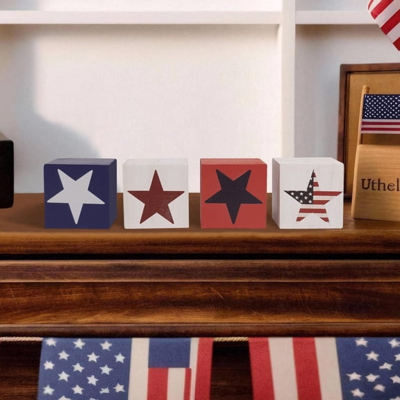 4Th Of July Decor 4-Piece Usa Letter & Star Decorative Blocks Desktop Ornament, Patriotic Independence Day Tabletop Decoration Set