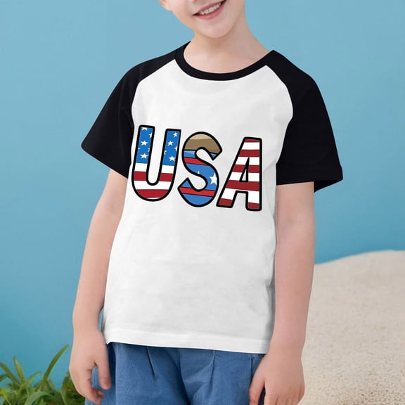 4Th Of July For Boys Girls Trendy Independence Day Letter Graphic Patriotic Tee Raglan Sleeve Casual Short Sleeve Tops Black 9-10 Years