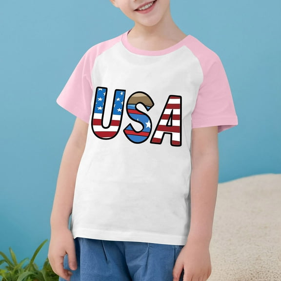 4Th Of July For Boys Girls Trendy Independence Day Letter Graphic Patriotic Tee Raglan Sleeve Casual Short Sleeve Tops Pink 5-6 Years