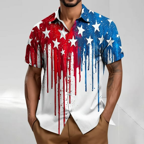 4Th Of July Hawaiian Shirts For Men Vintage USA Flag Printed Short Sleeve Tees Summer Casual Short Sleeve Button Up Lapel T-Shirt Red L